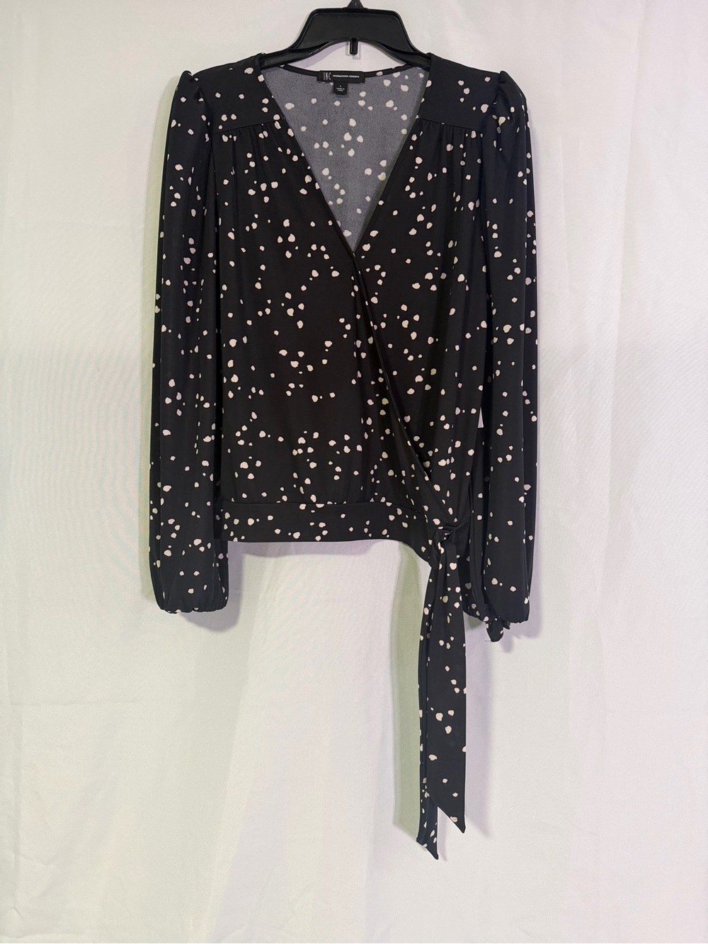 INC International Concepts Black Wrap Blouse with Cream Dot Print